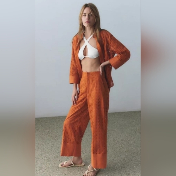 XXL ZARA Cutwork Eyelet Embroidery Pants Burnt Orange - Picture 1 of 7